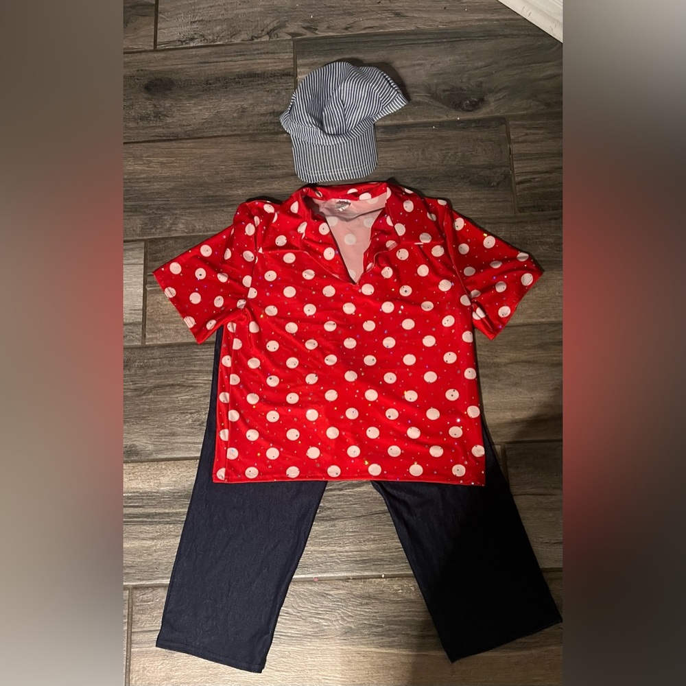 Choo Choo Guy Red Polka Dot Dance Top and Navy Pants, Small Adult